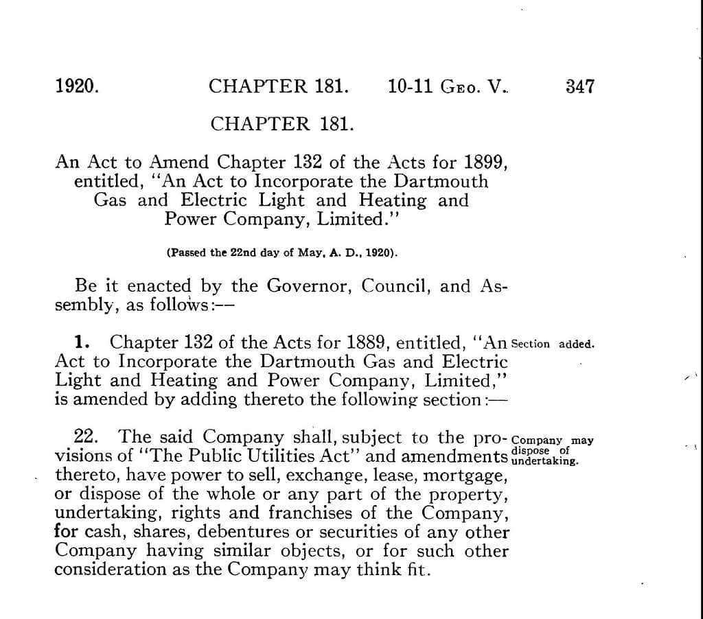 Dartmouth Gas and Electric Light and Heating and Power Co., Ltd.; Act to amend c132, Acts 1899, incorporating 1920 c181
