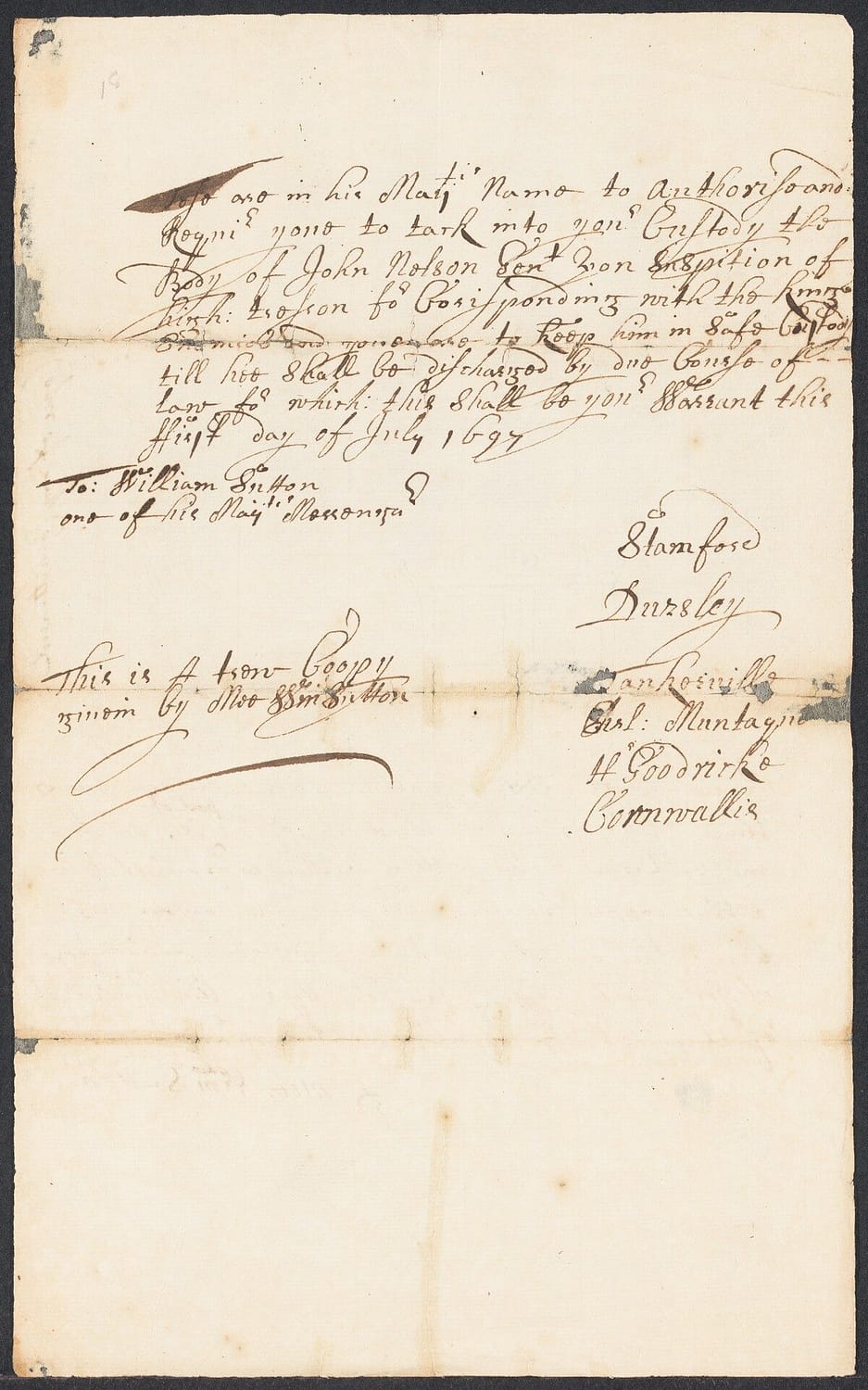 Thomas Temple correspondence concerning Nova Scotia, 1 Jul 1697