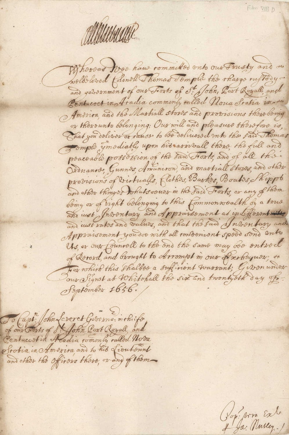 Instructions from Oliver Cromwell to John Leverett (written by James Nutley), 26 September 1656