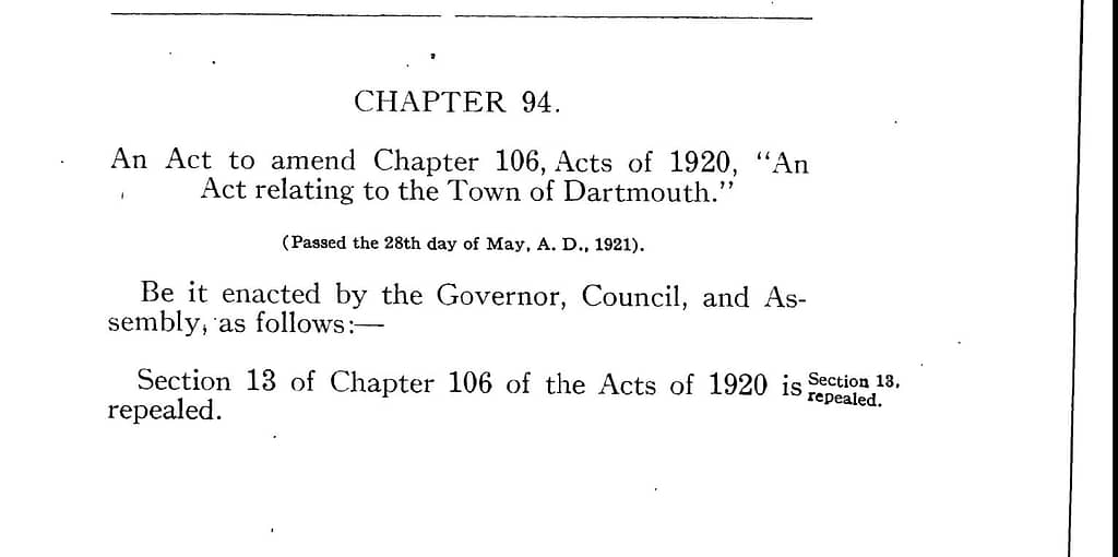 Dartmouth; Act relating to 1920 c106, amended 1921 c94