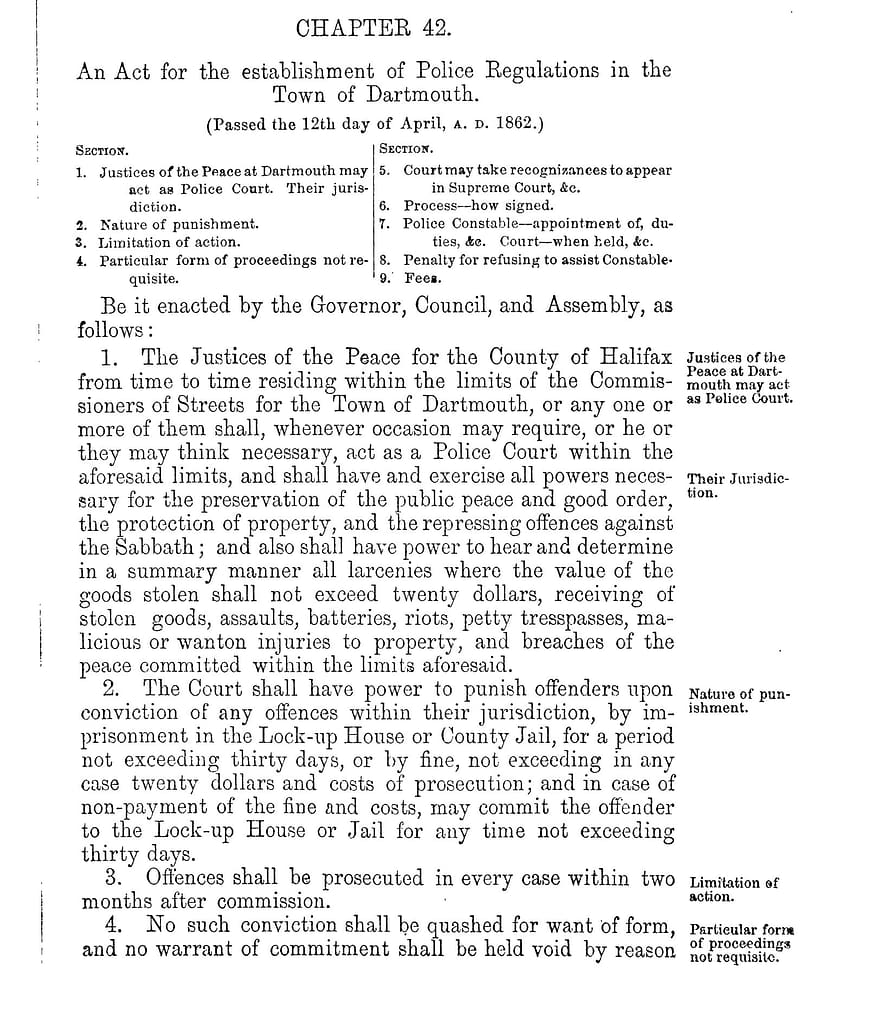 For the establishment of Police Regulations in the Town of Dartmouth, 1862 c42