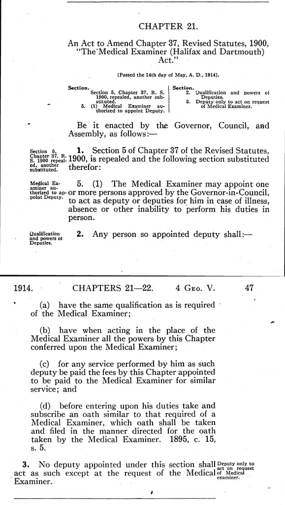 Dartmouth and Halifax Medical Examiner; Act respecting, 1914 c21