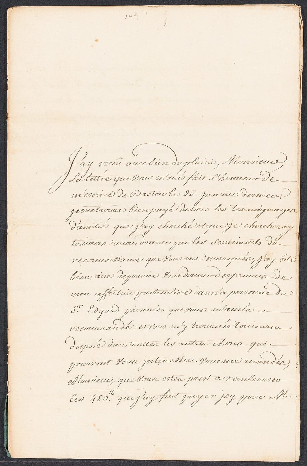 Vaudreuil, Philippe de Rigaud, marquis de, 1640-1725. MS.L.s. to [John Nelson], 2 May 1725