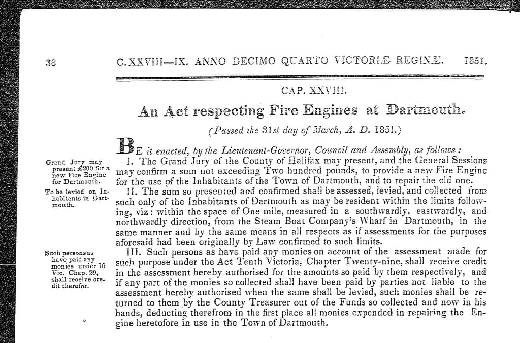 Respecting Fire Engines at (Dartmouth) (1st Session), 1851 c28