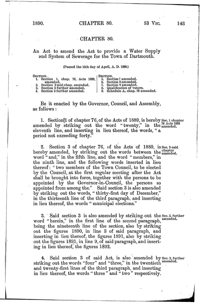 To amend the Act to provide a Water Supply and System of Sewerage for the Town of Dartmouth, 1890 c80