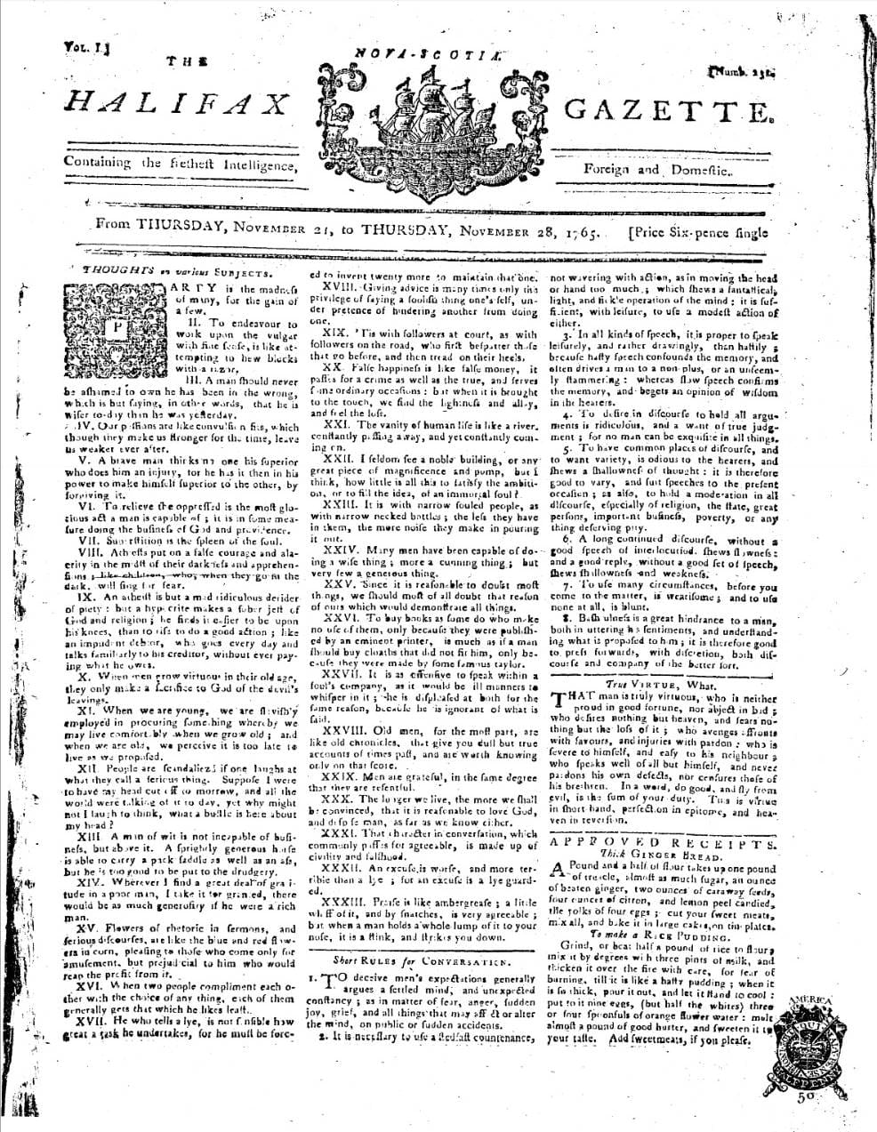 Nova Scotia Gazette, Nov 21 1765.