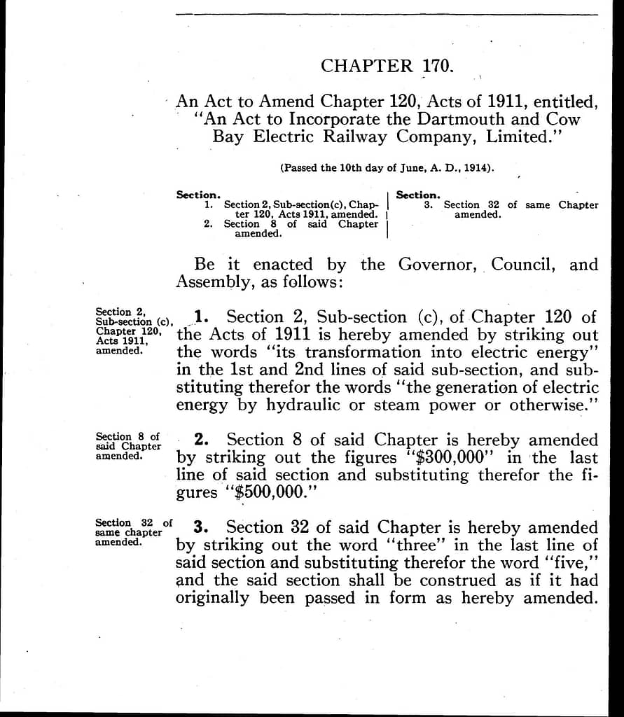 Dartmouth and Cow Bay Electric Co., Ltd.; Act to incorporate 1911 c120, amended 1914 c170