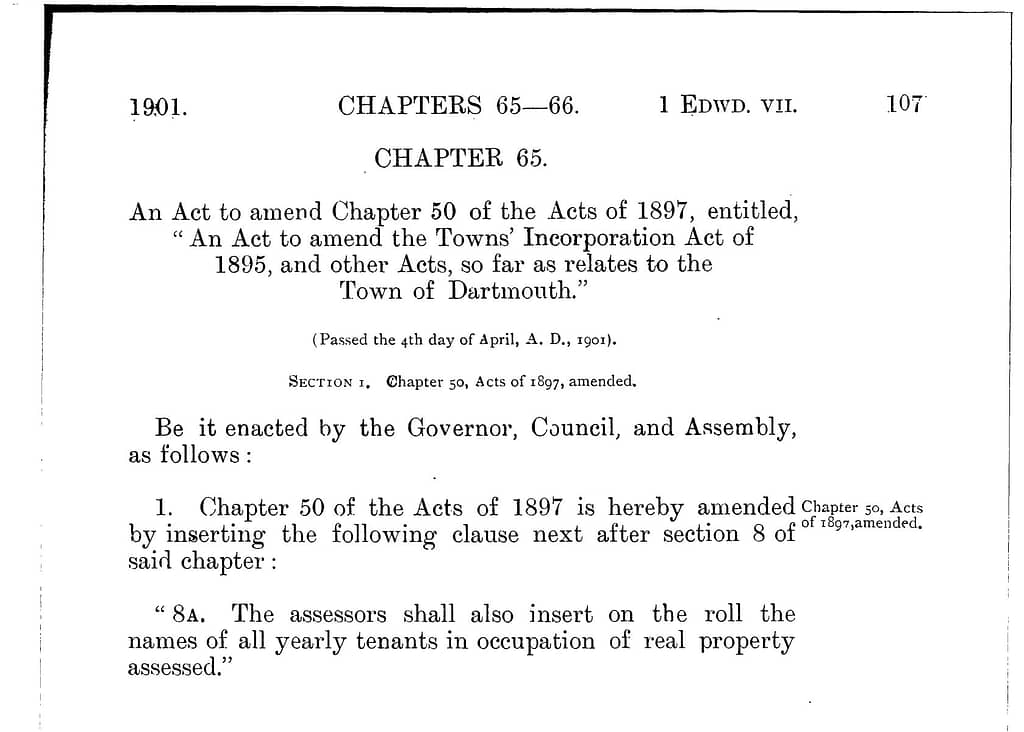 Dartmouth; Act to amend c50, Acts 1897, amending Towns' Incorporation Act so far as relates to, 1901 c65
