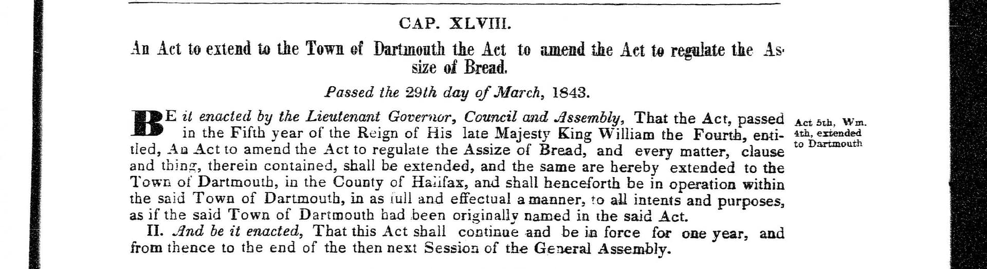 To extend the Act to regulate the Assize of Bread to the Town of Dartmouth, 1843 c48